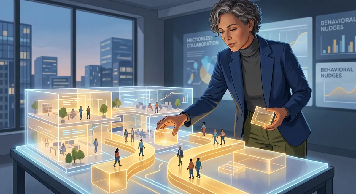 Una directiva reorganiza la maqueta holográfica de una oficina para rediseñar los recorridos de su equipo: arquitectura de decisiones aplicada al entorno de trabajo.