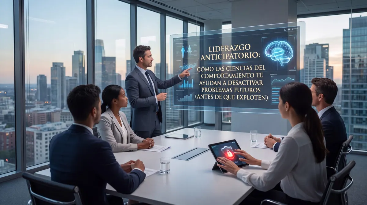 Un directivo expone ante su comité un tablero de datos con un cerebro holográfico en una sala de directorio: ciencias del comportamiento aplicadas al liderazgo anticipatorio y la toma de decisiones.